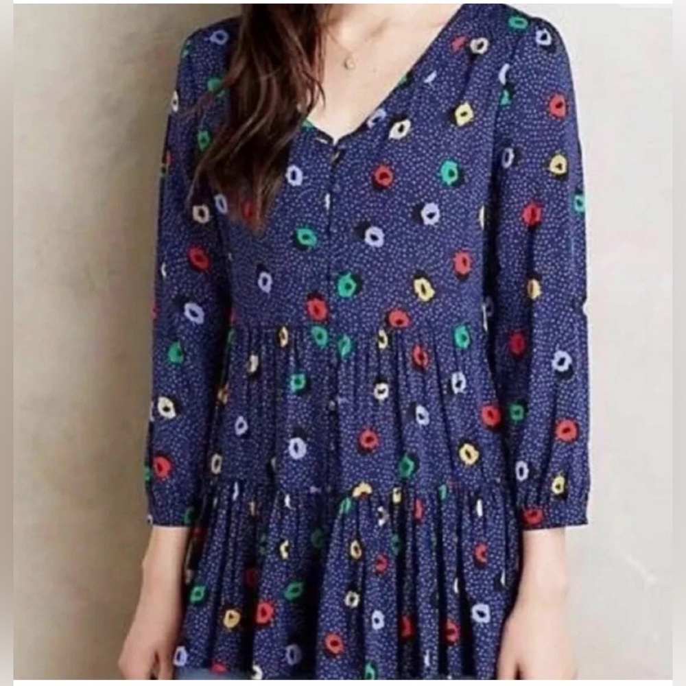 Maeve Anthropologie XS Lila Tiered Button Polka Dot Top Shirt Peasant Blouse
